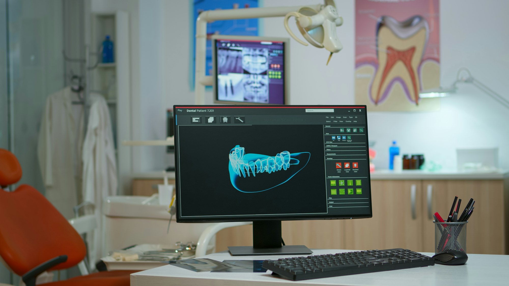 Empty dentistry medical room with digital x-ray on computer